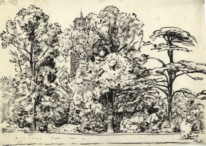 Mid 20th Century Pen and Ink Drawing - The Campanile at Kew Gardens, London