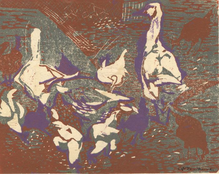 Geraldine Braithwaite - 1958 Linoprint, Ducks and Chickens