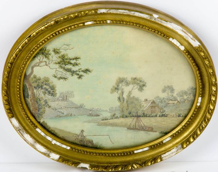Georgian Embroidery - View on the River with Fisherman and Cottage