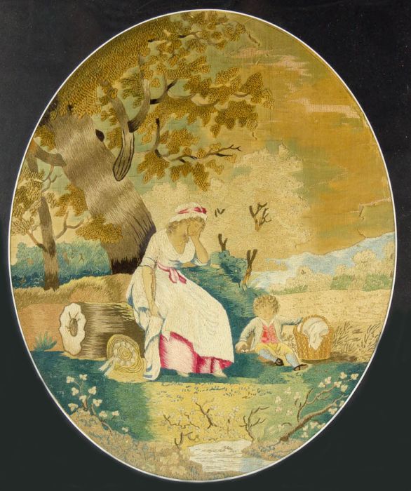 Early 19th Century Embroidery - Silkwork, Woman Seated on Tree Stump with Child