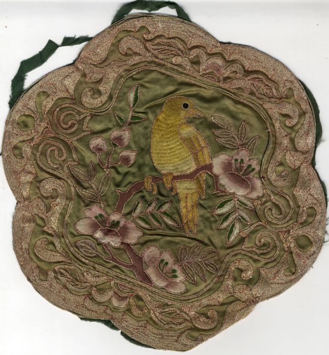 19th Century Embroidery - Exotic Bird on Branch, on Silk