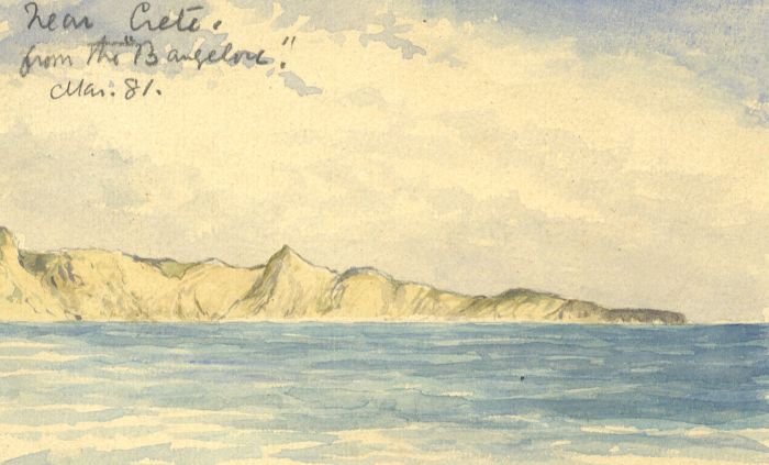 Small 1881 Watercolour - Candia Island off Crete from the 'Bangelore'