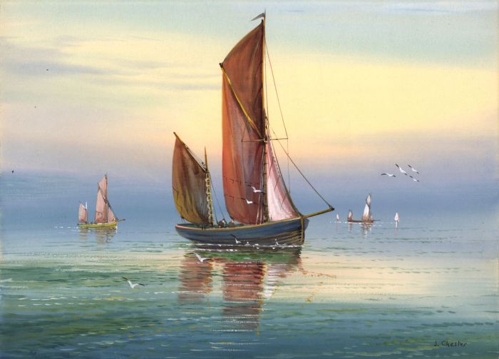 J. Chester - Early 20th Century Gouache, Thames Barges at Sea