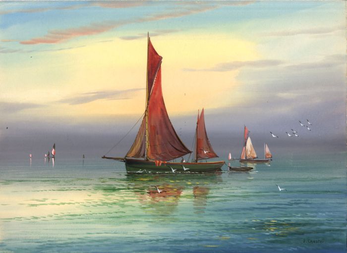 J. Chester - Early 20th Century Gouache, Thames Barges at Sea