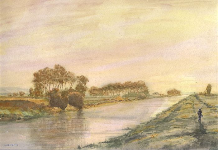 M. Stirling - Mid 20th Century Watercolour, Angler Walking at the River's Edge