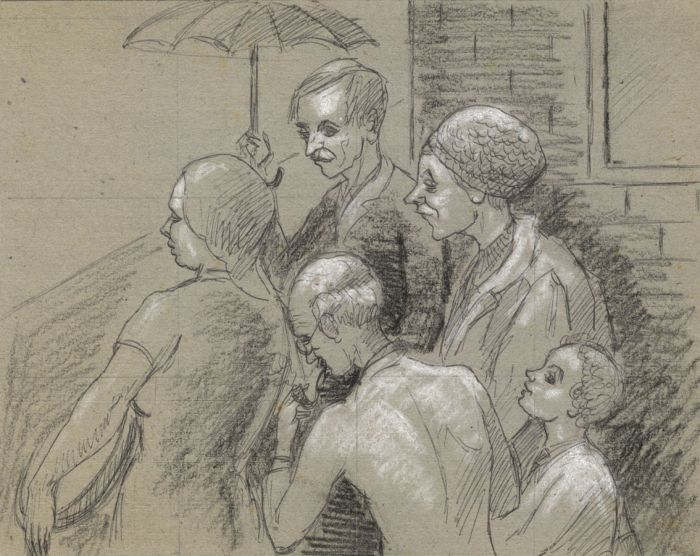 1975 Pastel - Group of Figures with Umbrella