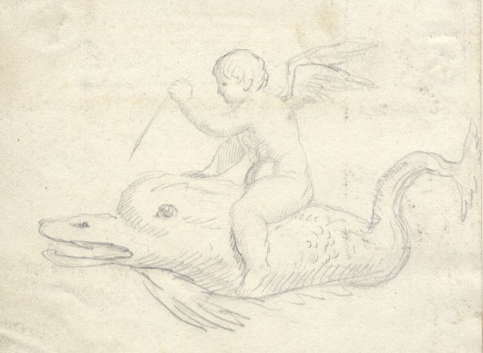 Attributed Joseph Crawhall II - Mid 19th Century Graphite Drawing, Cherub Riding