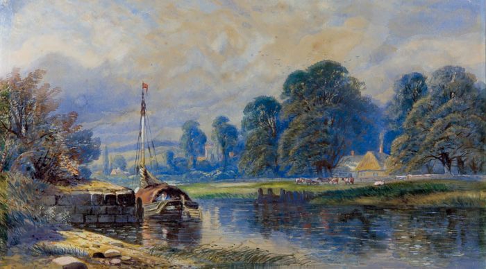 19th Century Watercolour - River Landscape with Sailing Boat and Cattle