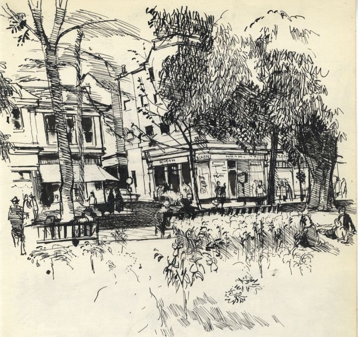 Mid 20th Century Pen and Ink Drawing - View of High Street from Park