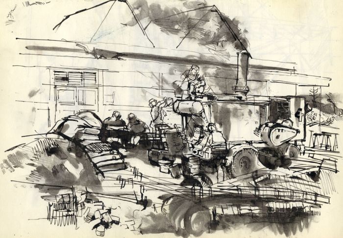 Mid 20th Century Pen and Ink Drawing - Agricultural Workers with Tractor