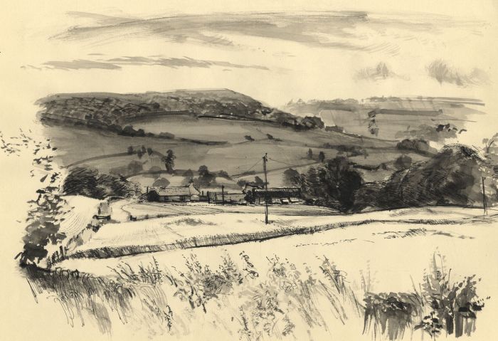 Mid 20th Century Pen and Ink Drawing - View of Farm
