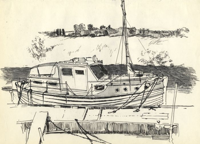 Mid 20th Century Pen and Ink Drawing - Boat in Dock