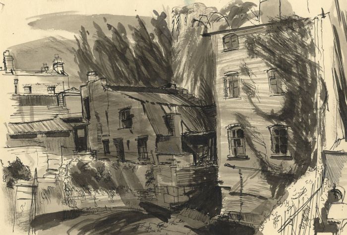 Mid 20th Century Pen and Ink Drawing - View of Houses