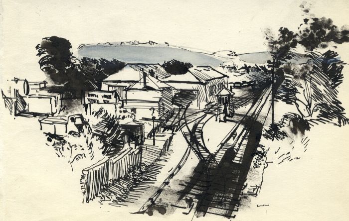 Mid 20th Century Pen and Ink Drawing - Country Rail Station
