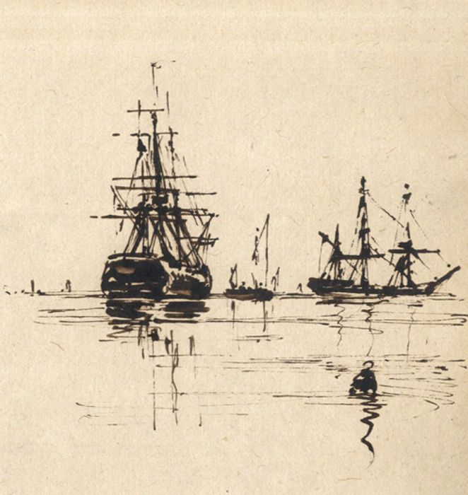 19th Century Pen and Ink Drawing - Ships at Sea