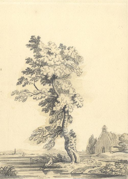 19th Century Graphite Drawing - Tree Study with Man Fishing