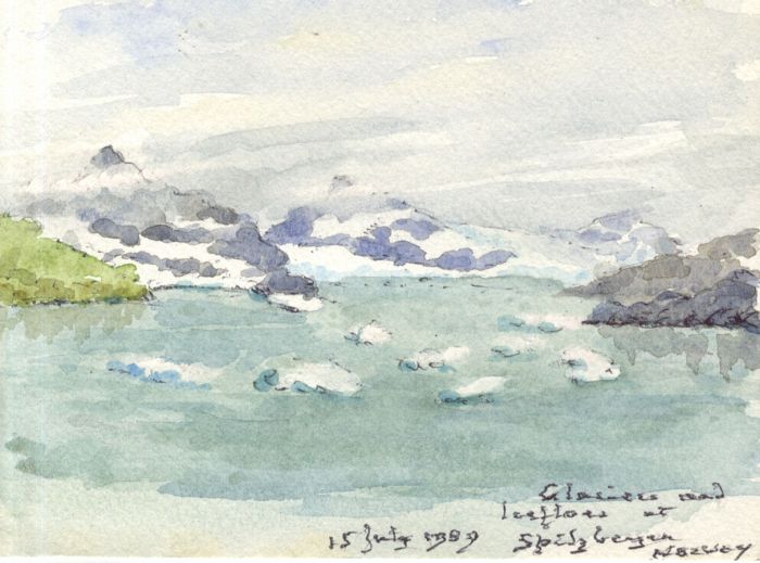 John Codrington - 1989 Watercolour, Glaciers and Iceflow, Spitsbergen, Norway