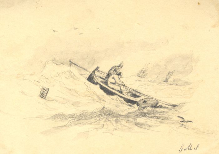 Monogram GMS - 19th Century Graphite Drawing, Fishermen in Rough Sea
