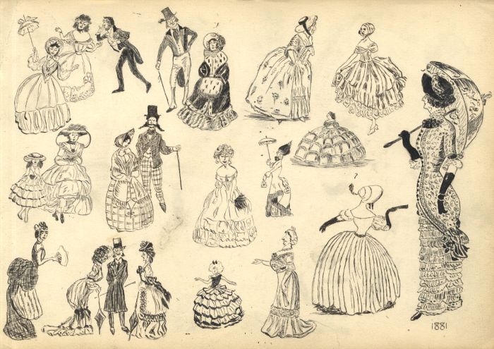 Double-Sided 1881 Pen and Ink Drawing - Sheet of Caricatures