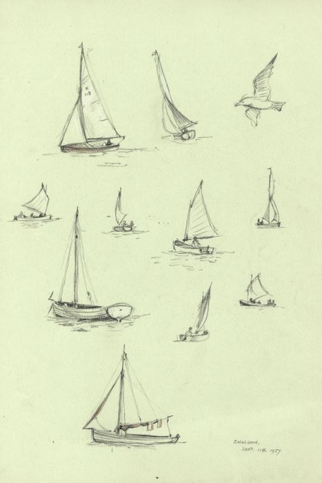 Stavard Cash - 1937 Charcoal Drawing, Sailing Dinghies, Shaldon, Devon