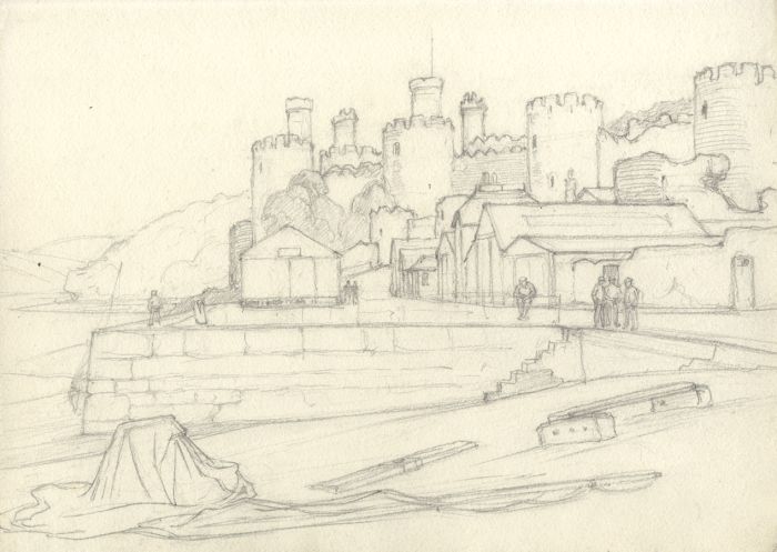 Walter James West ARBSA - Early 20th Century Graphite Drawing, Castle by Quay
