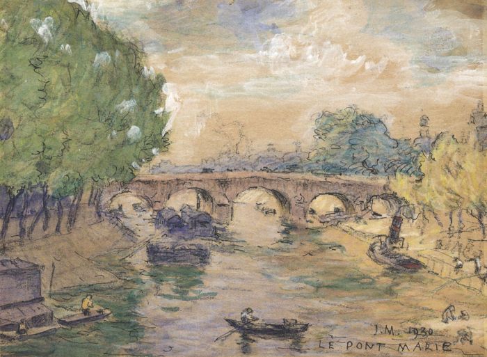 Monogram J.M. - 1930 Watercolour, Le Pont Marie, River Seine, Paris