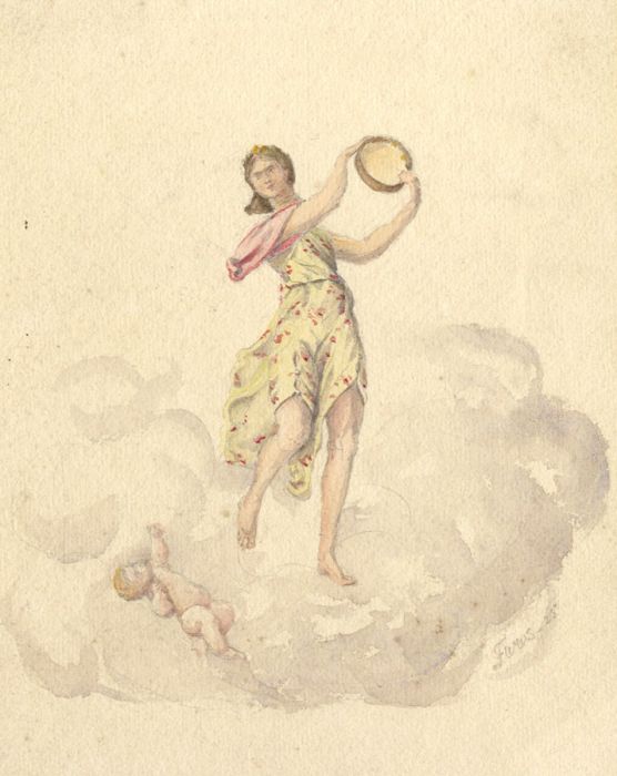 Monogram F.W.W.S - 1925 Watercolour, Nymph with Tambourine and Cherub