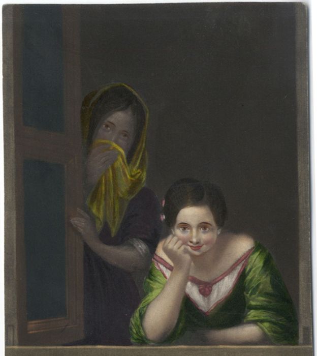 19th Century Mezzotint - Two Women at a Window