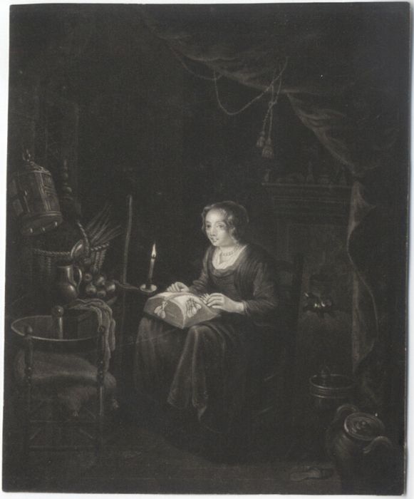 19th Century Mezzotint - Woman Working by Candlelight