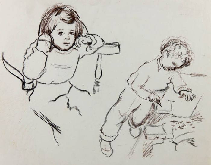 William Redgrave - Early 20th Century Chalk Drawing, Two Children