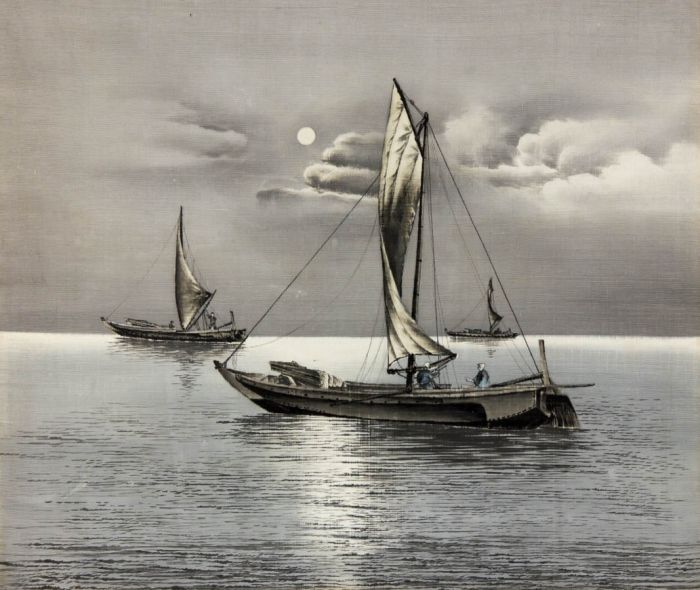 Mid 20th Century Embroidery - Boats at Sea by Moonlight