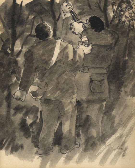 Early 20th Century Pen and Ink Drawing - Uniformed Men Hunting