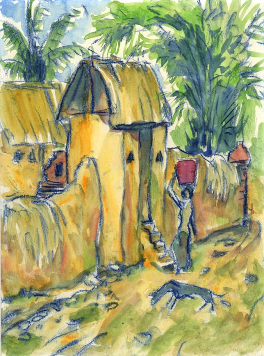 Mid 20th Century Gouache - South African Village Scene