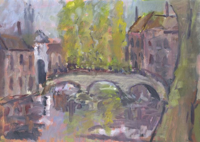 Prue Sapp - Impressionist Mid 20th Century Oil, Bridge Over Canal