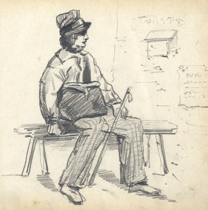 19th Century Graphite Drawing - Seated Post Boy