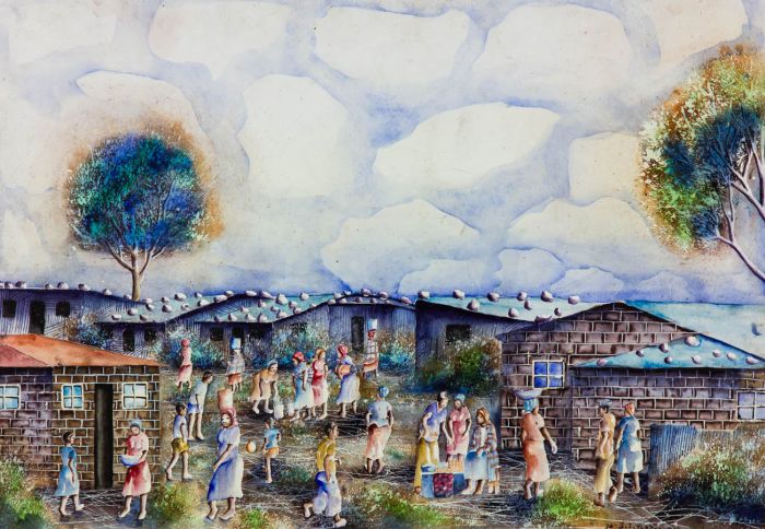S.I Hlatshwayo - 1990 Watercolour, Township Scene