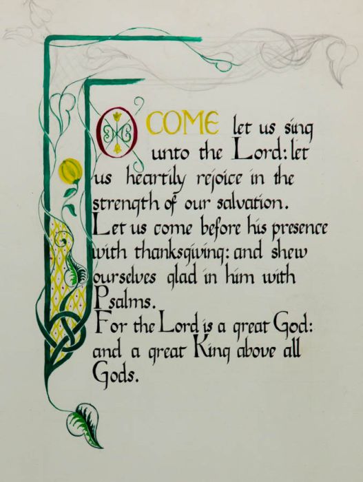 M. Marsh - 1958 Pen and Ink Drawing, Calligraphy - O come let us sing