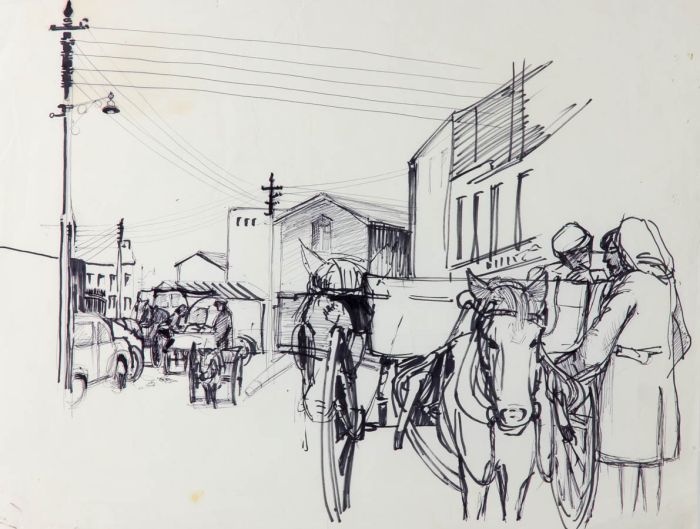 Mid 20th Century Pen and Ink Drawing - Figures with Cart Horse in Town