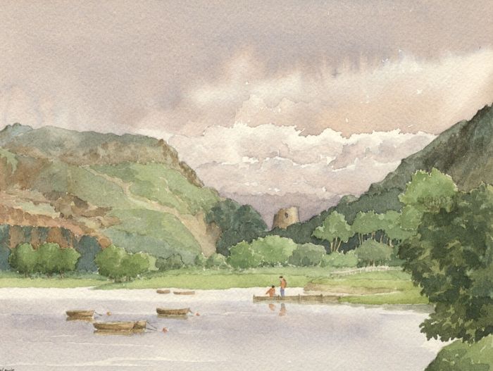 Eileen Lewis - 1984 Watercolour, Llyn Padarn and Dolbadarn Castle, Wales