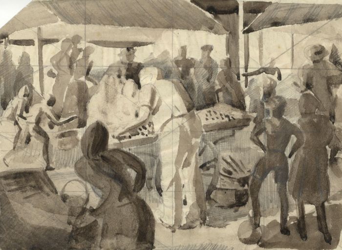 Monochrome Early 20th Century Watercolour - Market Scene