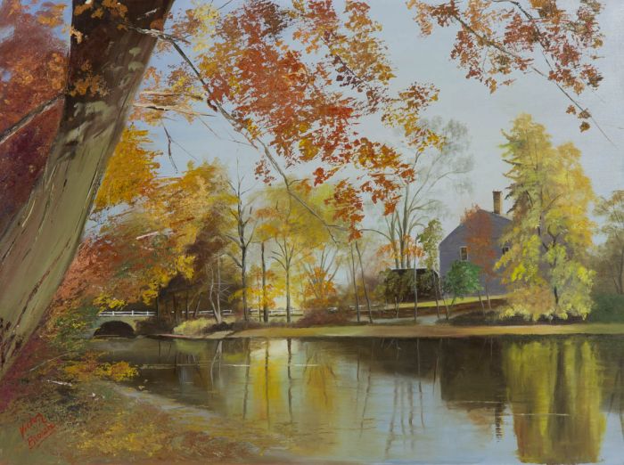 Victor Brown - Contemporary Oil, House by River in Autumn