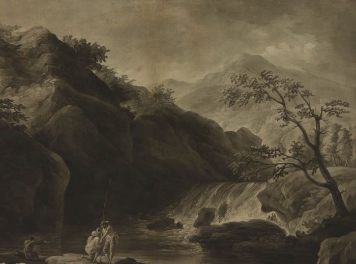 19th Century Mezzotint - Fishing on the Rhine