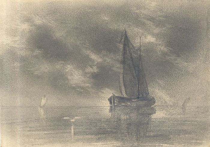 Small 19th Century Graphite Drawing - Ships at Sea