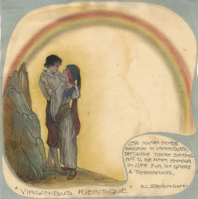 Early 20th Century Gouache on Silk - RL Stevenson's "Virginibus Puerisque"