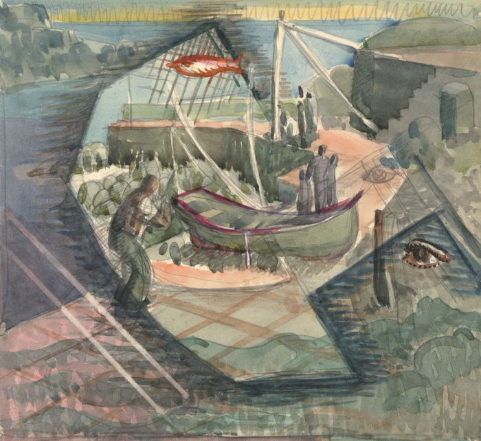 Mid 20th Century Watercolour - Fishing Scene with Mixed Iconography