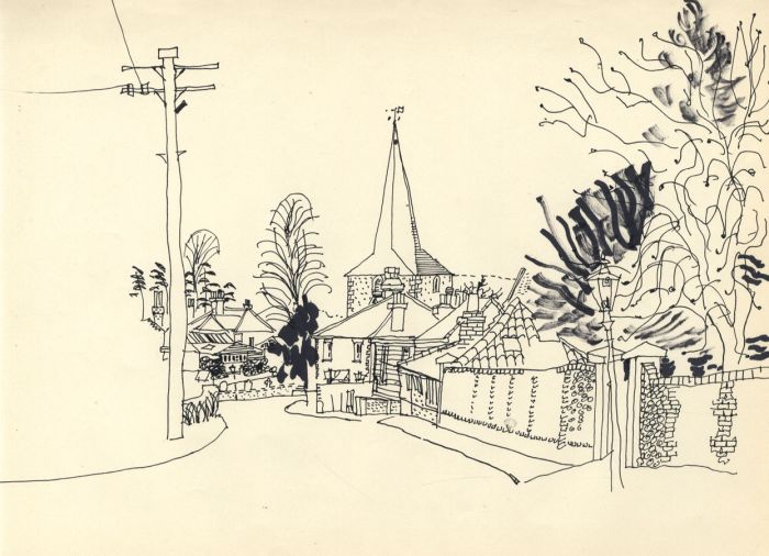 John Burningham - Mid 20th Century Pen and Ink Drawing, Street View with Church