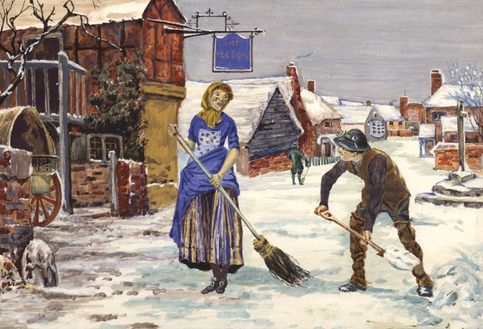 Early 20th Century Gouache - Winter Village Scene