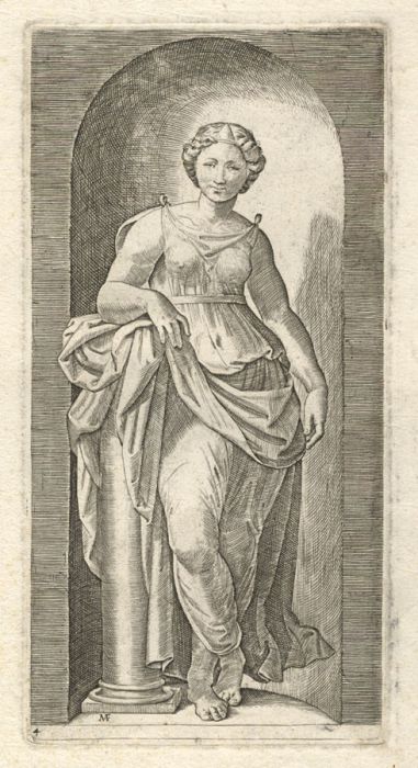 Monogram M.F. - 19th Century Etching, Classical Robed Woman