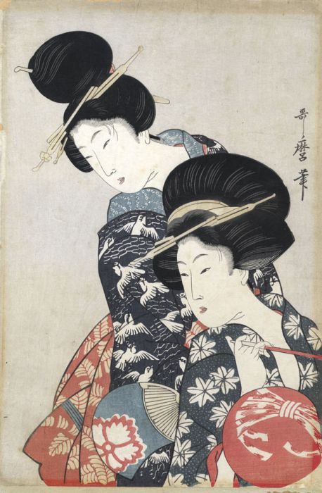 19th Century Oriental Woodblock - Ladies in Kimonos