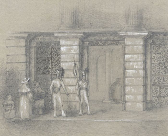 19th Century Graphite Drawing - Garden Gate, Hampton Court Palace
